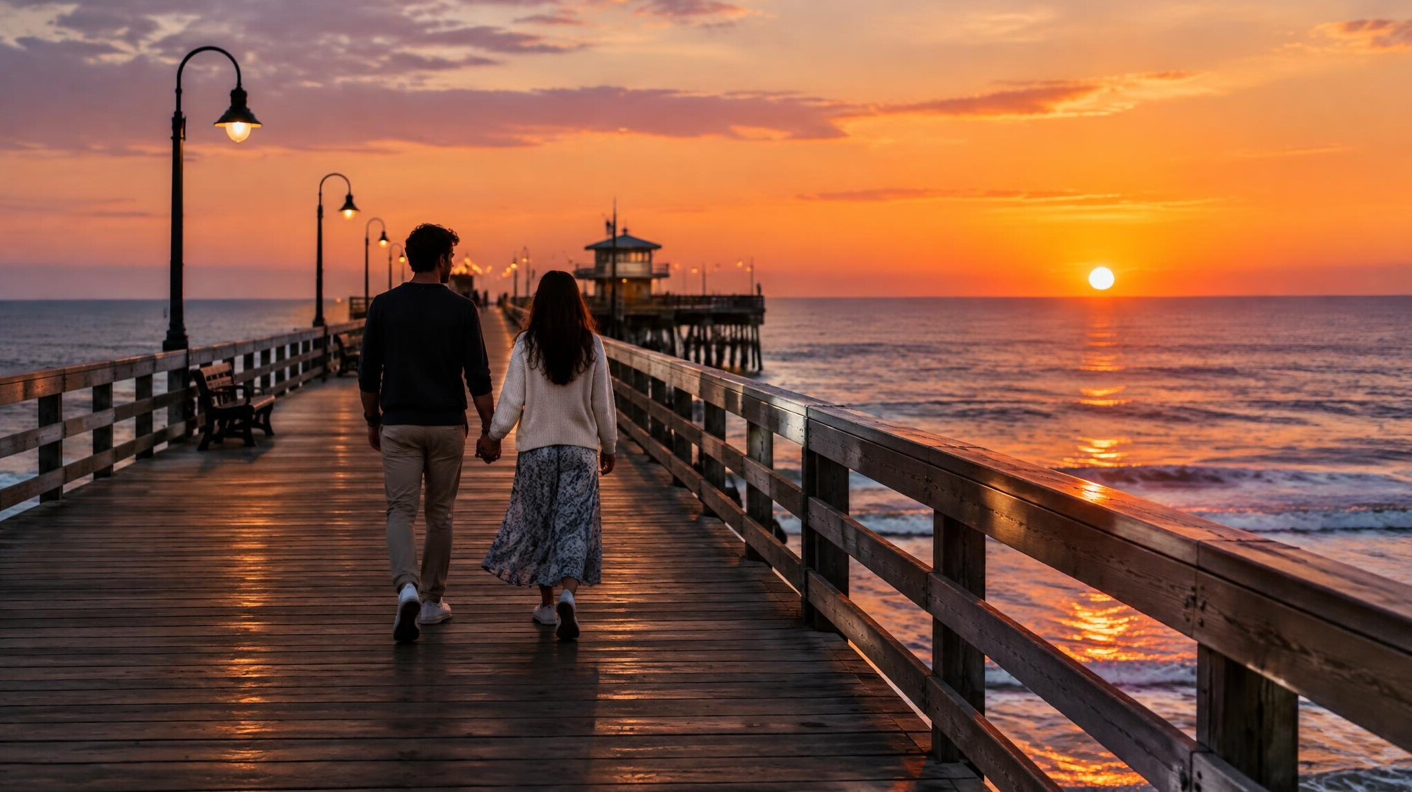 couple on pier at dusk