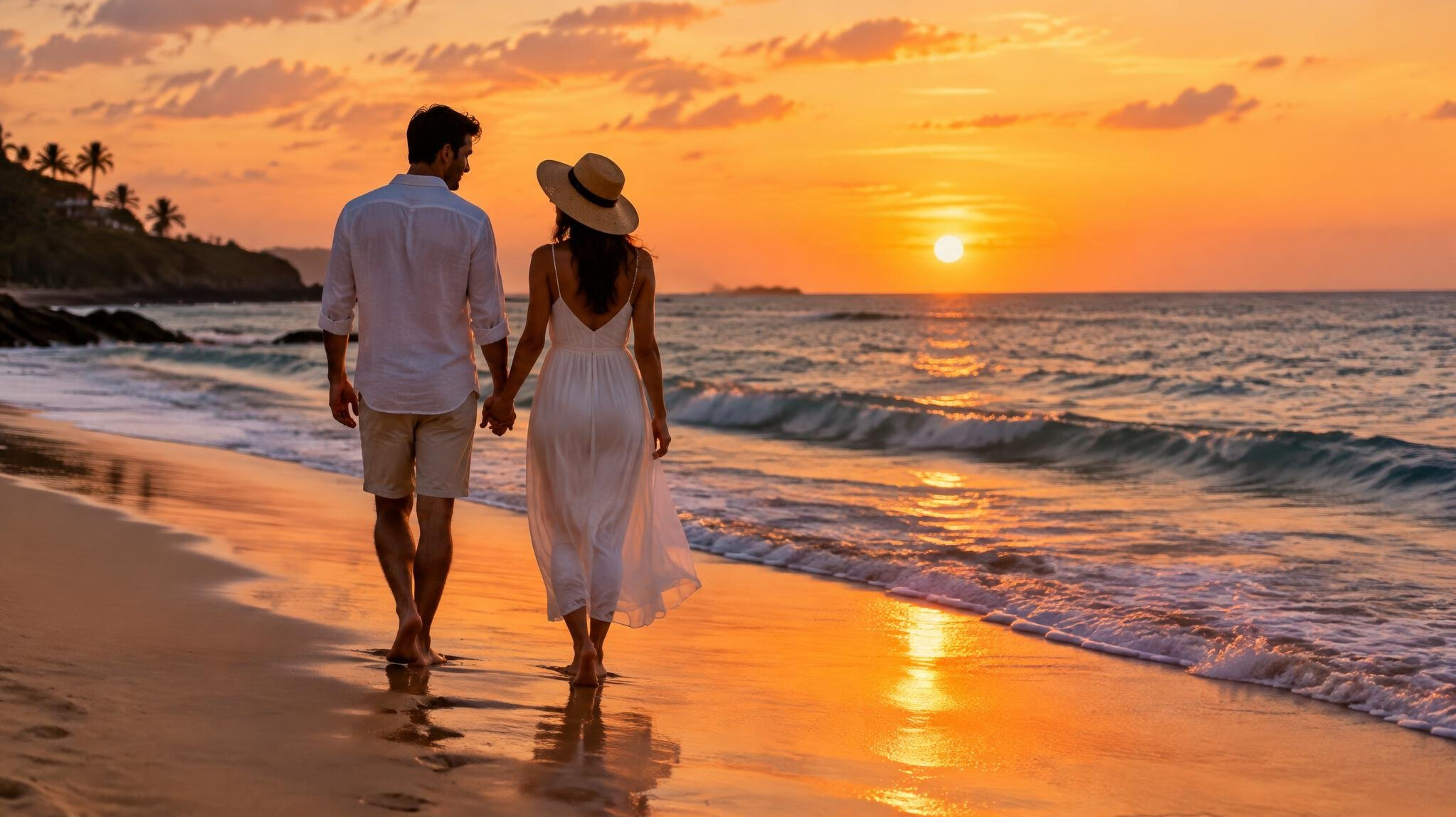 romantic couple walking on beach at sunset