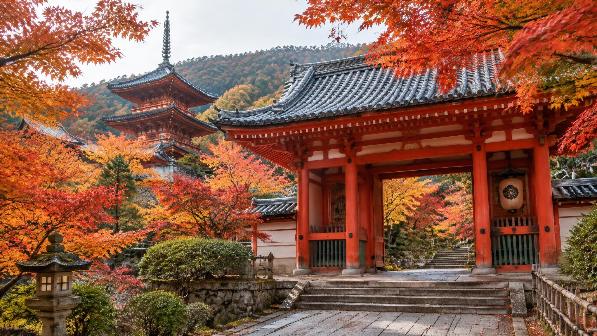 Traditional Japanese temple gate among autumn trees