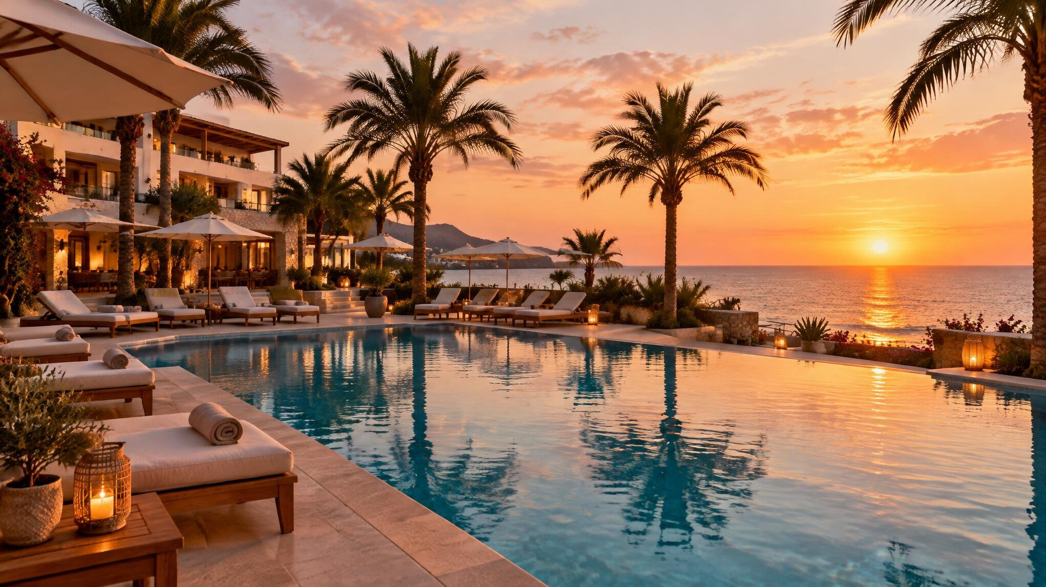 Resort hotel with swimming pool and palm trees