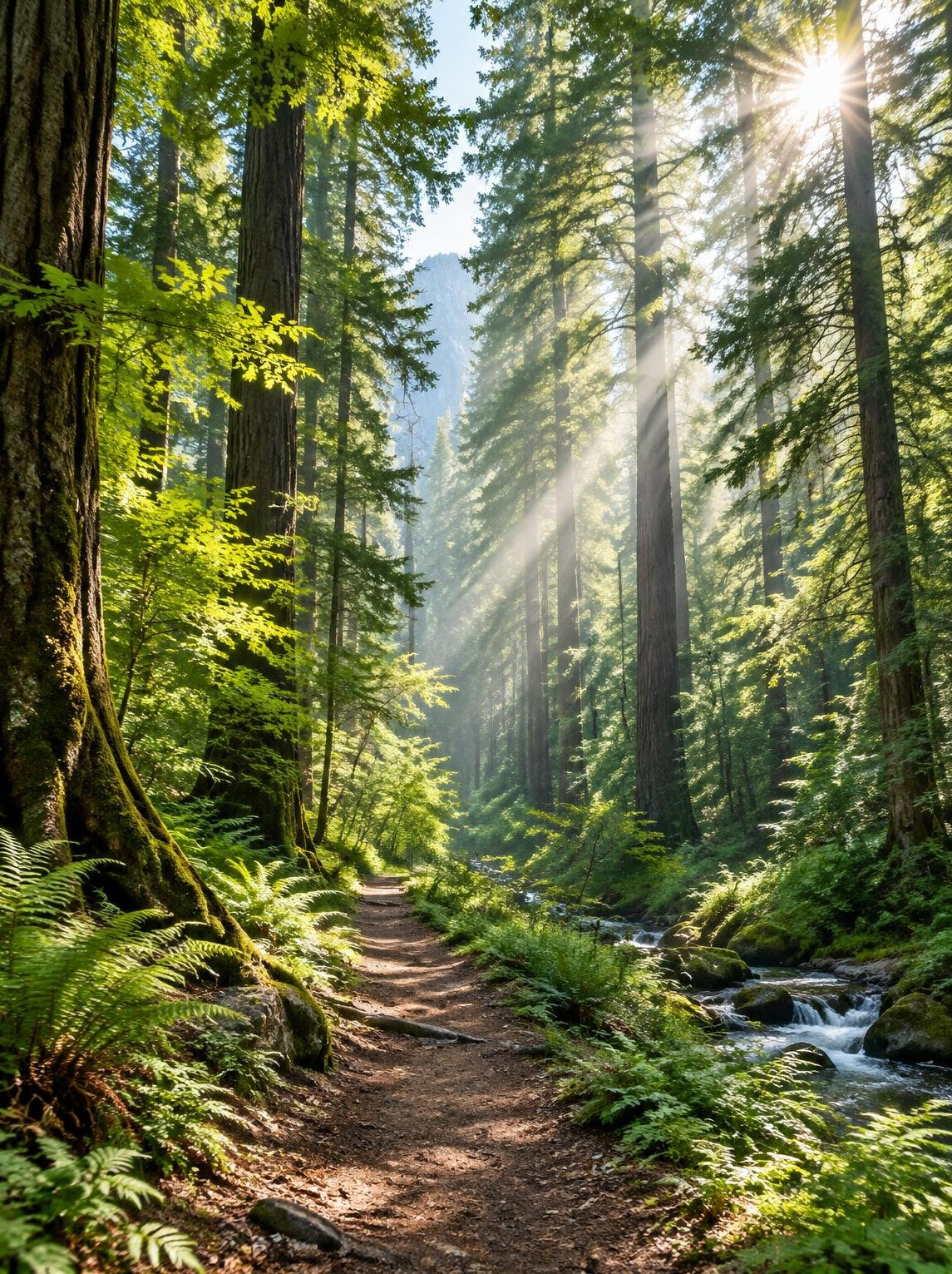 Sunlit green forest with tall trees