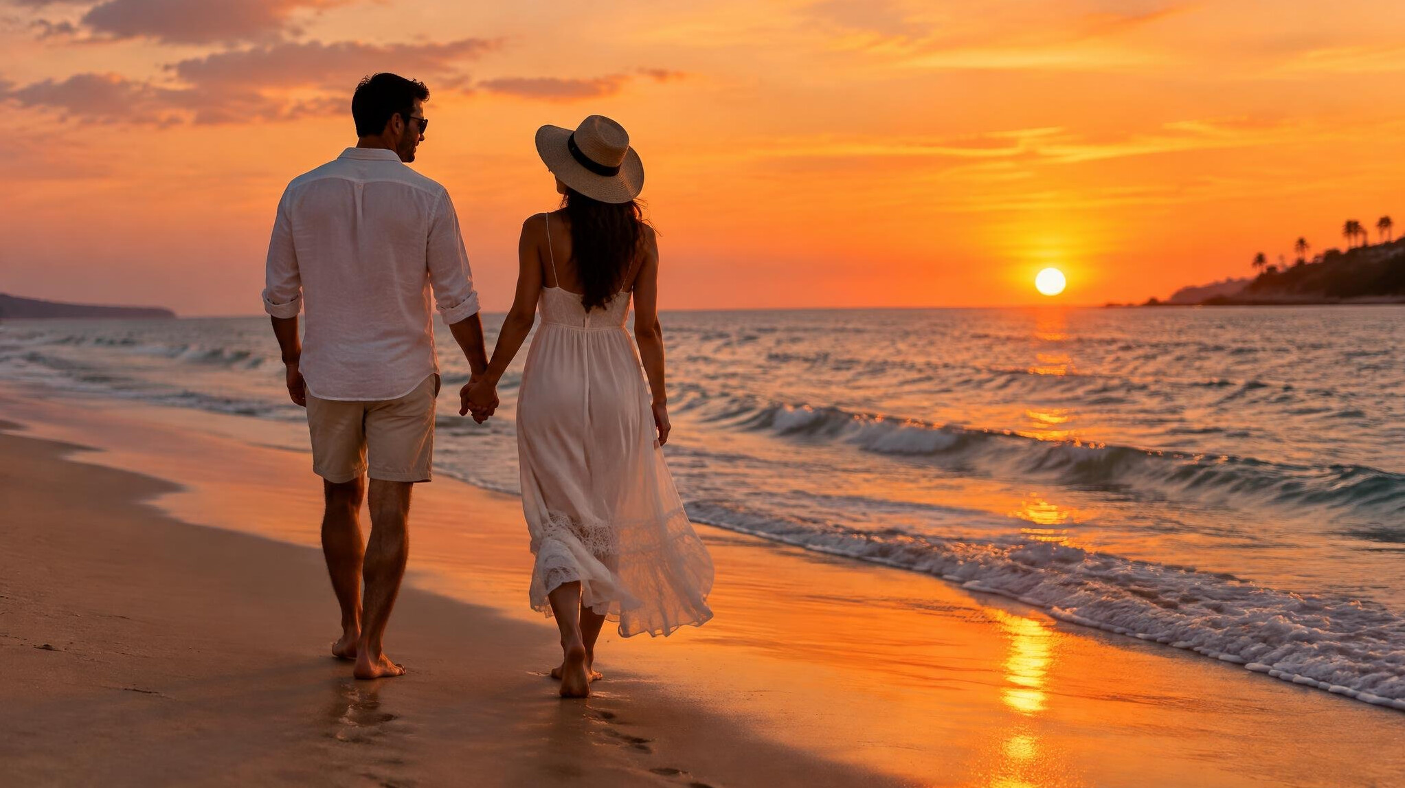 romantic couple walking on beach at sunset