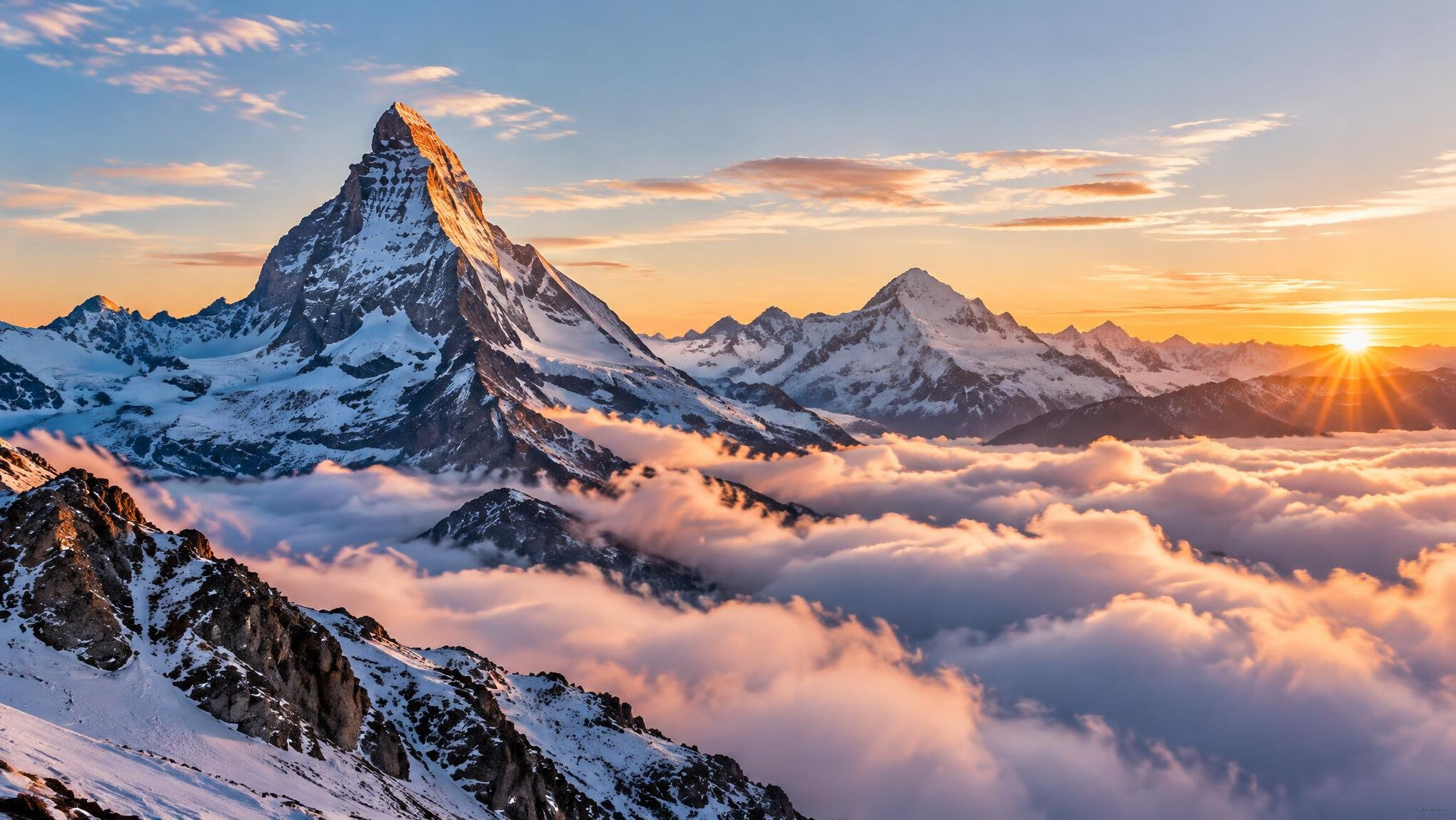 Snow-capped Alpine peaks above clouds
