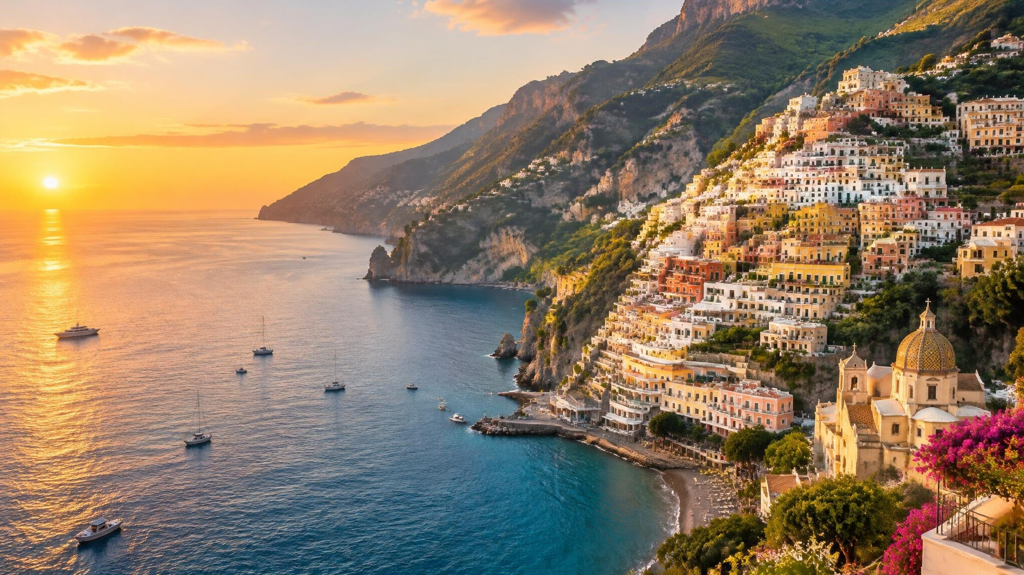 Colorful cliffside town on the Amalfi Coast above the blue sea