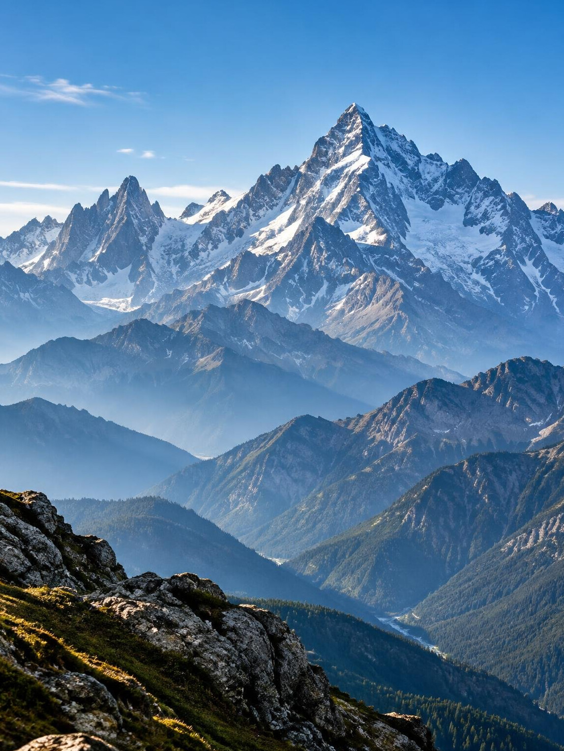 Dramatic mountain range under blue sky