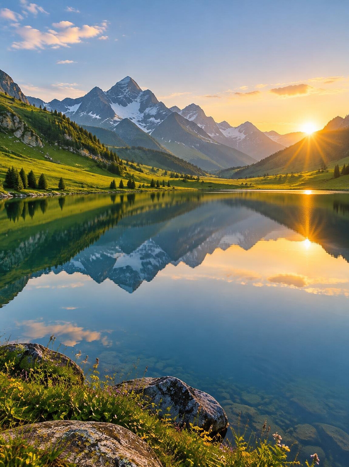 Alpine lake surrounded by green hills and mountains